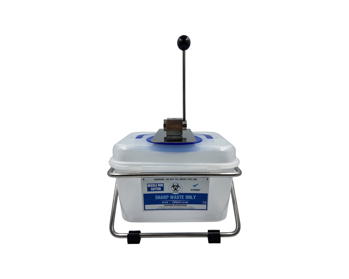 Lexbax Needle Cum Syringe Hub Destroyer injection cutter 3.5 litre capacity with sharpe container stainless steel frame syringe hub cutter with Handle press pack of 1